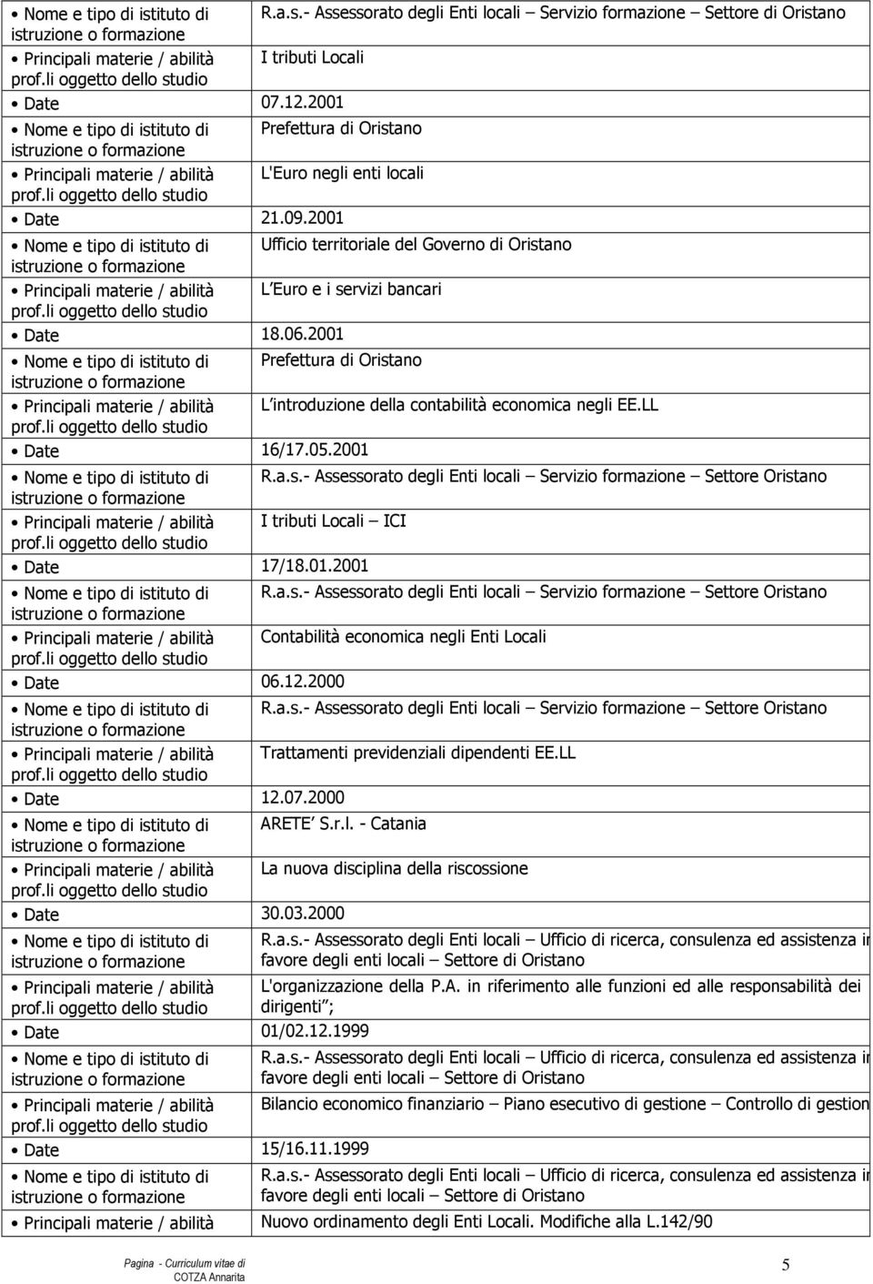 01.2001 R.a.s.- Assessorato degli Enti locali Servizio formazione Settore Oristano Contabilità economica negli Enti Locali 06.12.2000 R.a.s.- Assessorato degli Enti locali Servizio formazione Settore Oristano Trattamenti previdenziali dipendenti EE.