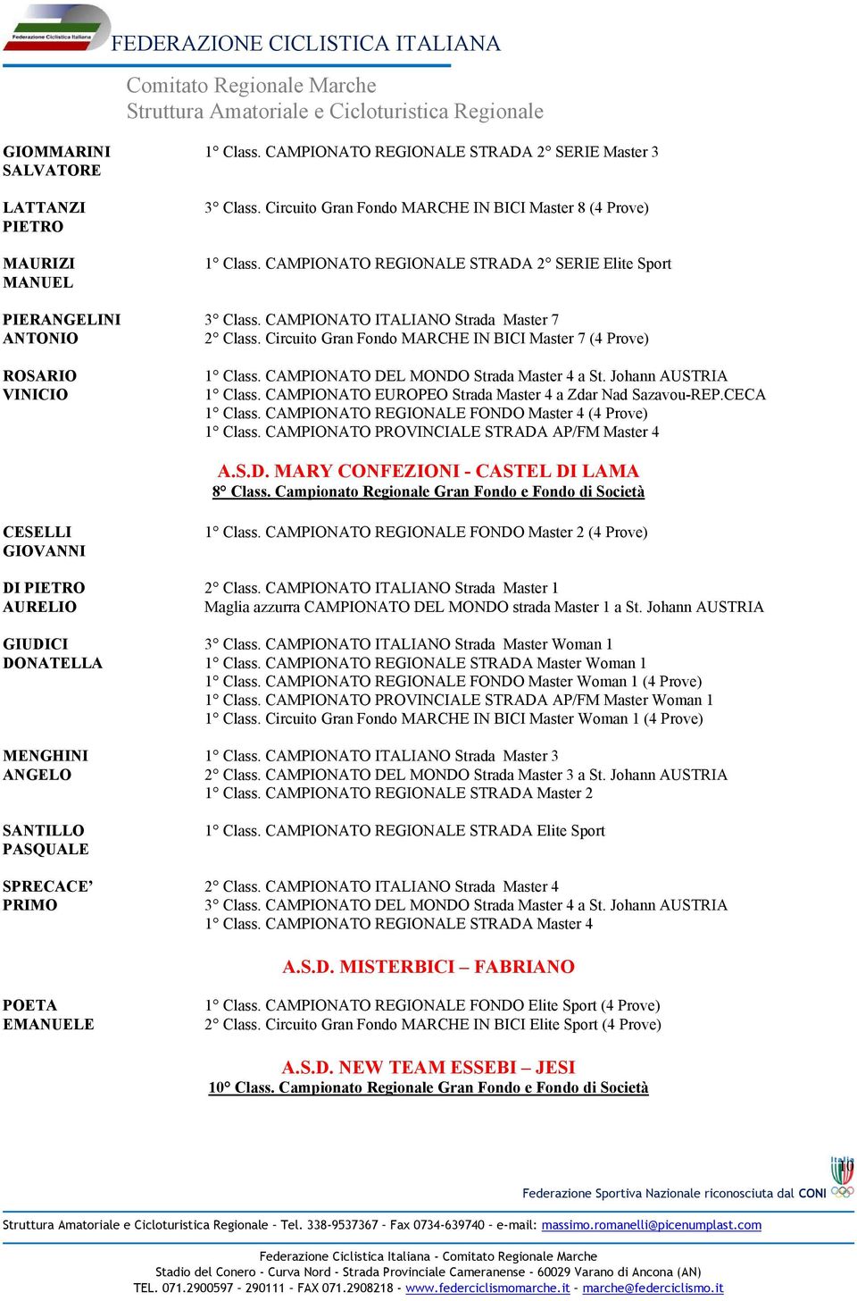 Circuito Gran Fondo MARCHE IN BICI Master 7 (4 Prove) ROSARIO VINICIO 1 Class. CAMPIONATO DEL MONDO Strada Master 4 a St. Johann AUSTRIA 1 Class.