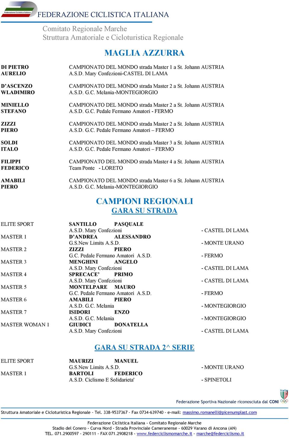 Johann AUSTRIA A.S.D. G.C. Pedale Fermano Amatori FERMO CAMPIONATO DEL MONDO strada Master 3 a St. Johann AUSTRIA A.S.D. G.C. Pedale Fermano Amatori FERMO CAMPIONATO DEL MONDO strada Master 4 a St.