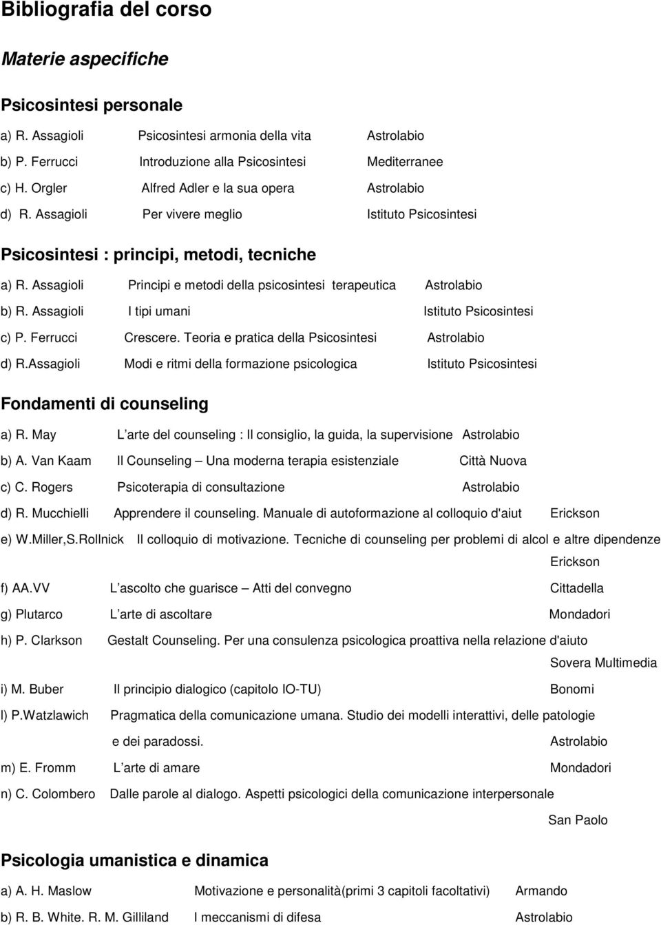 Assagili Principi e metdi della psicsintesi terapeutica Astrlabi b) R. Assagili I tipi umani Istitut Psicsintesi c) P. Ferrucci Crescere. Teria e pratica della Psicsintesi Astrlabi d) R.