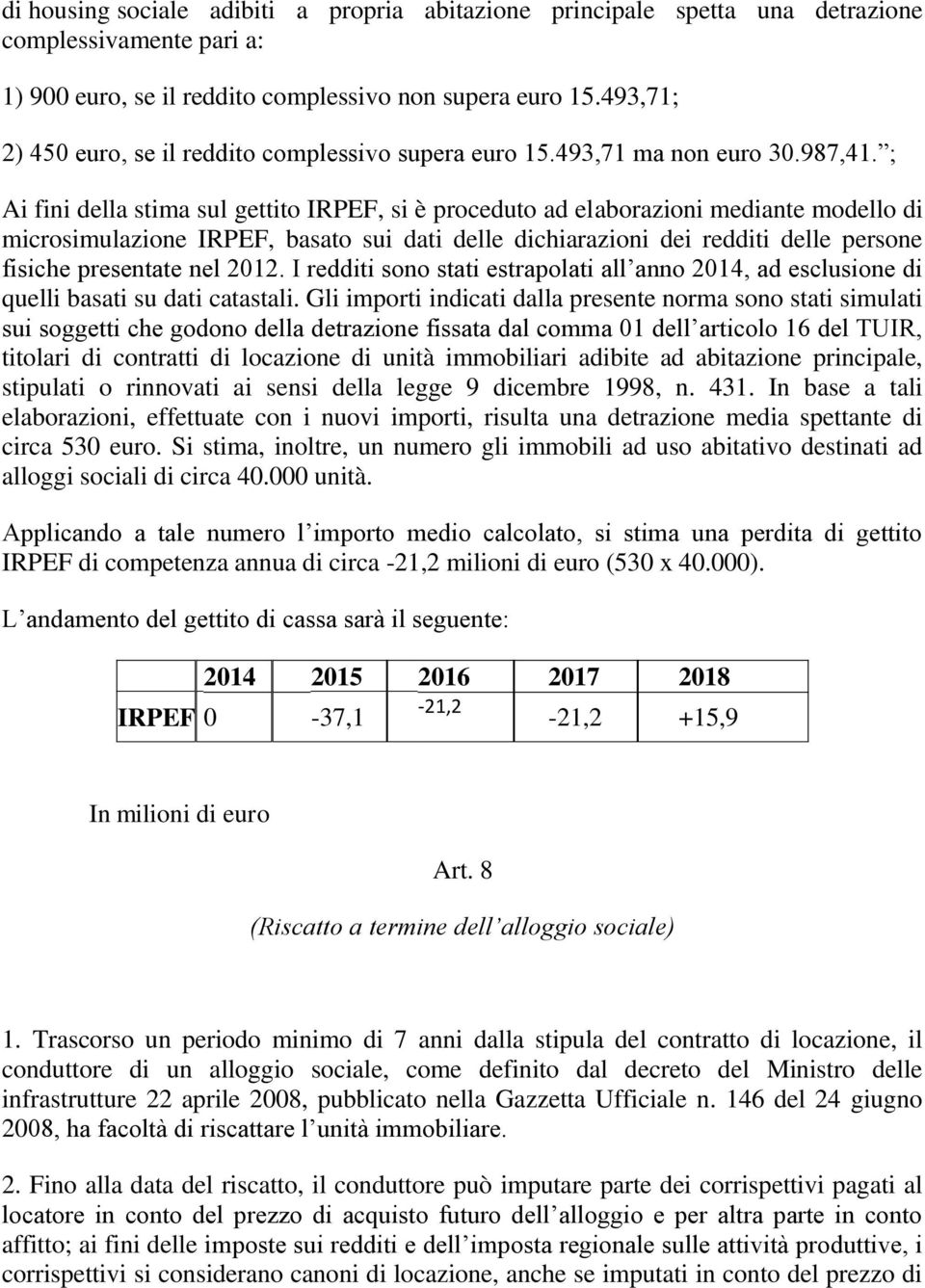 ; Ai fini della stima sul gettito IRPEF, si è proceduto ad elaborazioni mediante modello di microsimulazione IRPEF, basato sui dati delle dichiarazioni dei redditi delle persone fisiche presentate