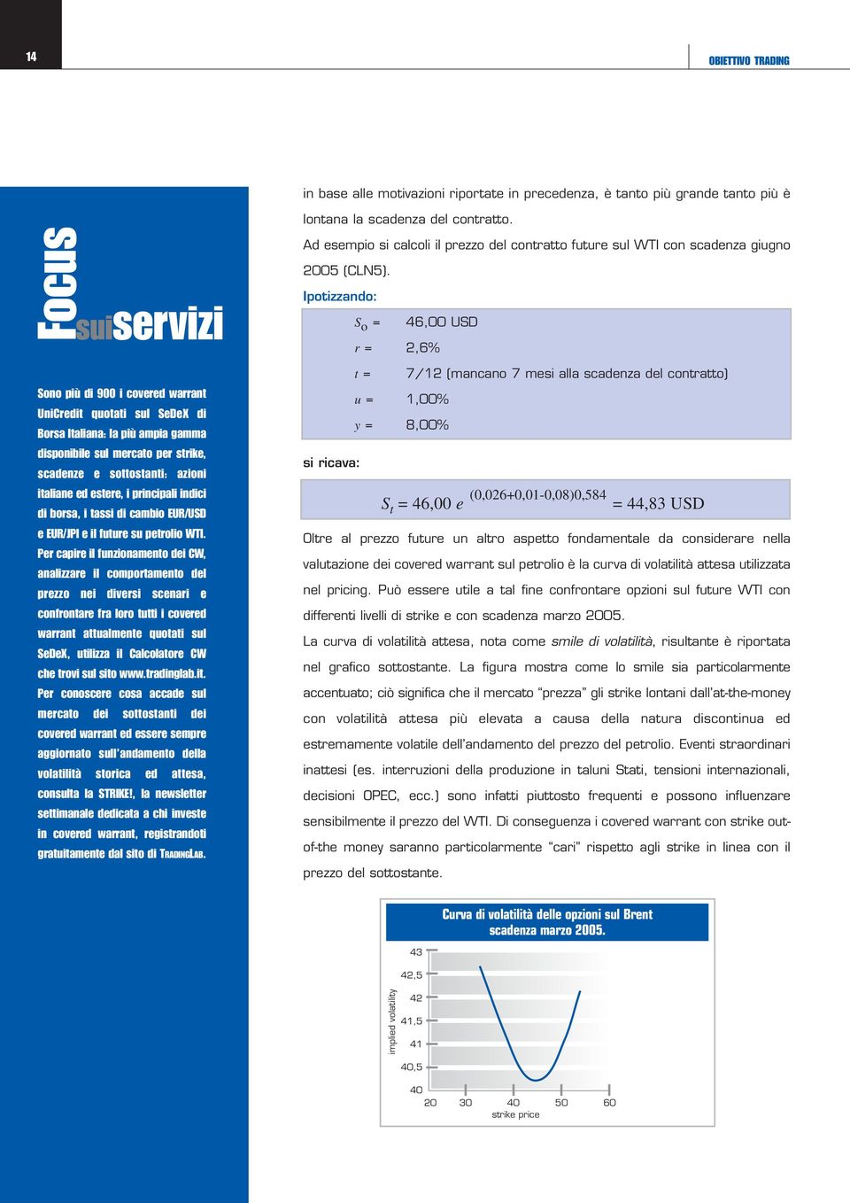 Ipotizzando: S o = 46,00 USD r = 2,6% Sono più di 900 i covered warrant UniCredit quotati sul SeDeX di Borsa Italiana: la più ampia gamma disponibile sul mercato per strike, scadenze e sottostanti: