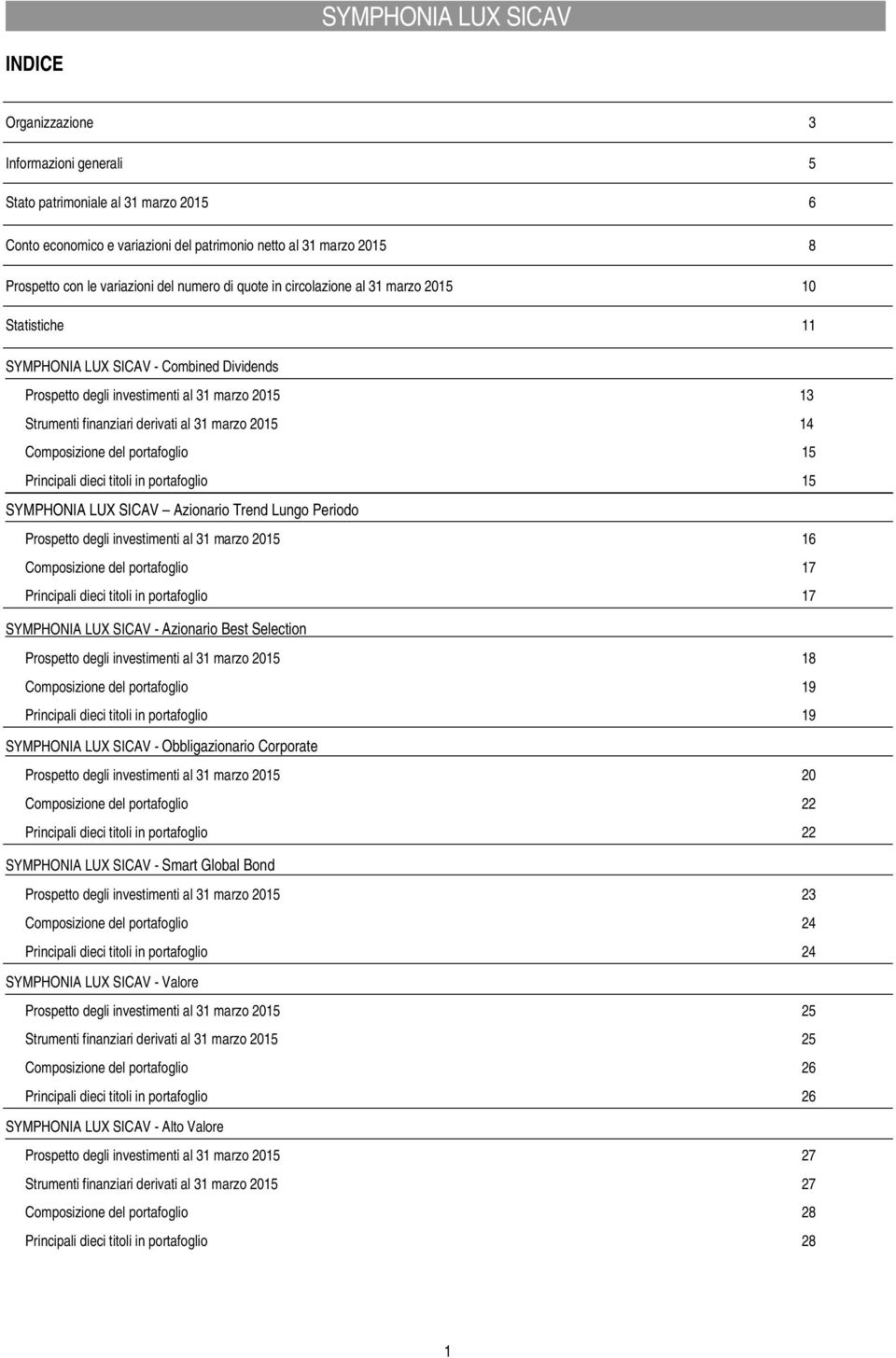 quote in circolazione al 31 marzo 2015 10 Statistiche 11 SYMPHONIA LUX SICAV - Combined Dividends Prospetto degli investimenti al 31 marzo 2015 13 Strumenti finanziari derivati al 31 marzo 2015 14