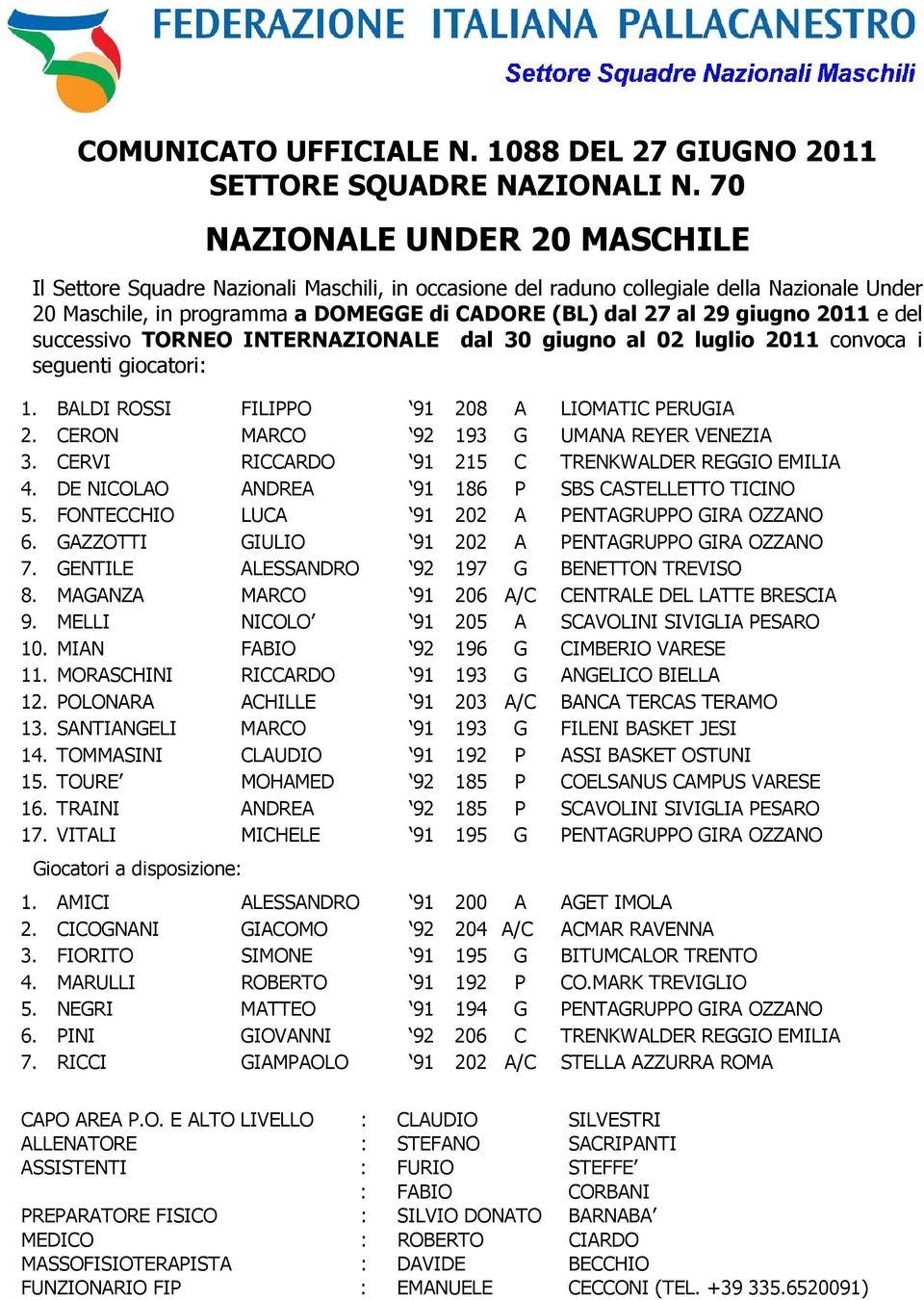 2011 e del successivo TORNEO INTERNAZIONALE dal 30 giugno al 02 luglio 2011 convoca i seguenti giocatori: 1. BALDI ROSSI FILIPPO 91 208 A LIOMATIC PERUGIA 2.