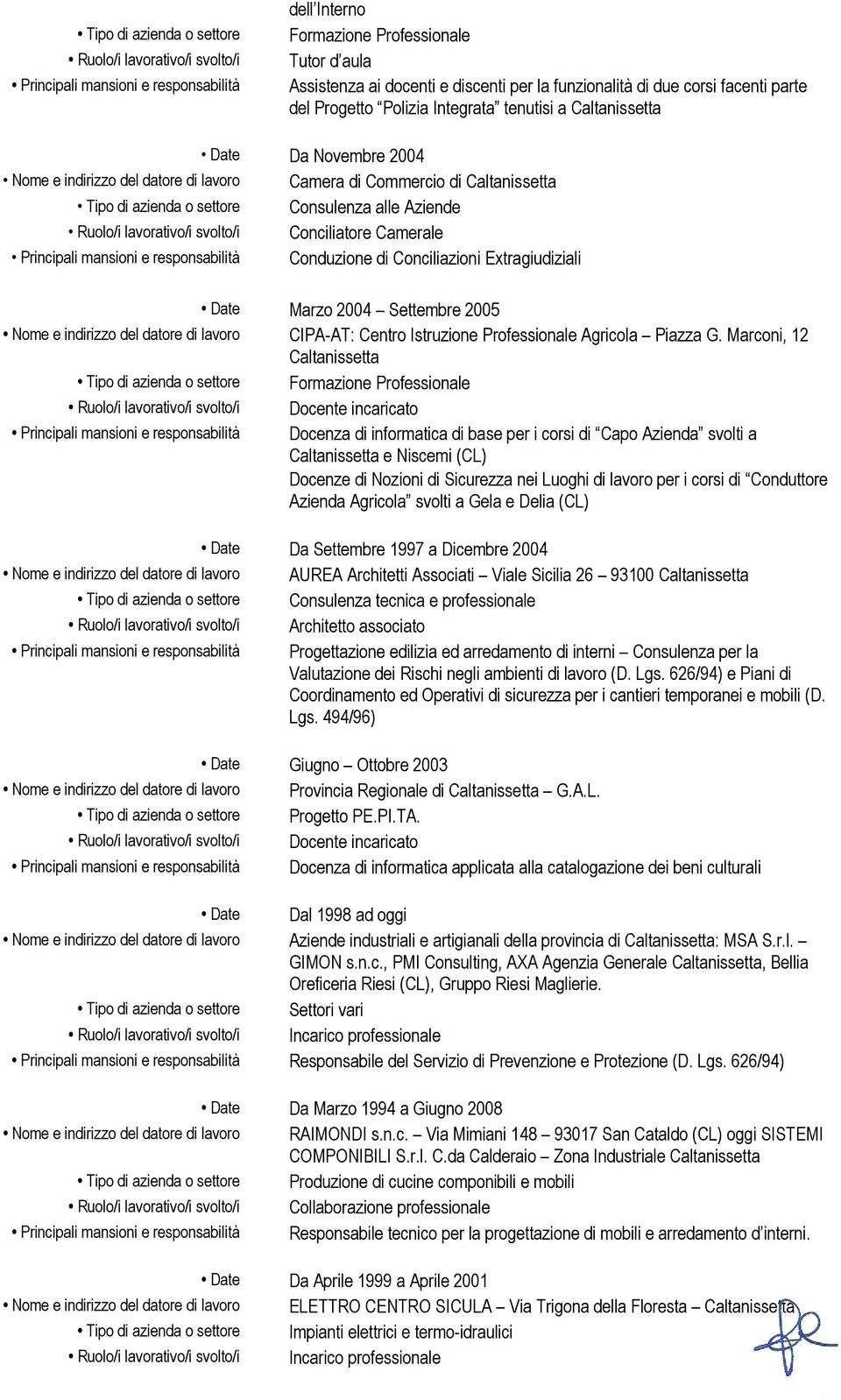 settore Consulenza alle Aziende Ruolo/i lavorativo/i svolto/i Conciliatore Camerale Principali mansioni e responsabilità Conduzione di Conciliazioni Extragiudiziali Date Marzo 2004 Settembre 2005