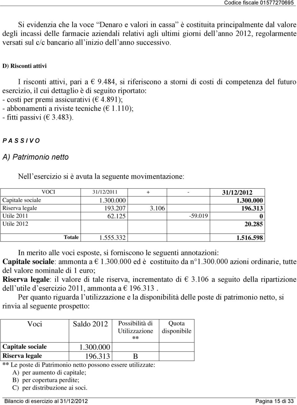 484, si riferiscono a storni di costi di competenza del futuro esercizio, il cui dettaglio è di seguito riportato: - costi per premi assicurativi ( 4.891); - abbonamenti a riviste tecniche ( 1.