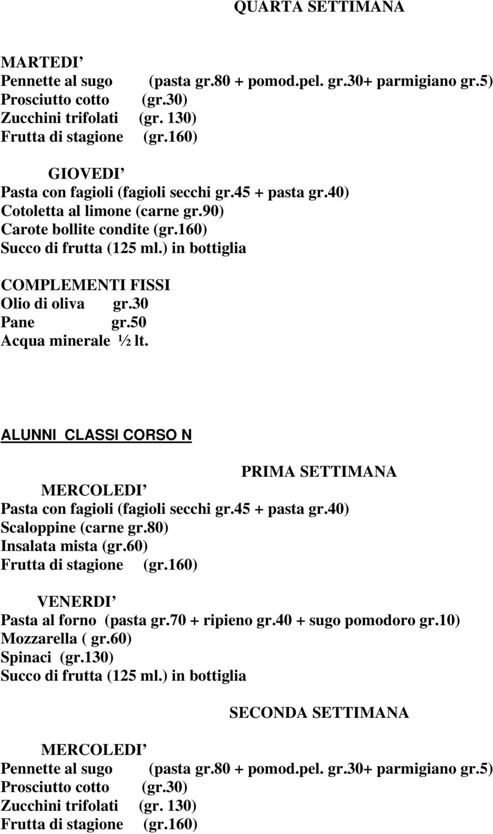 50 Acqua minerale ½ lt. ALUNNI CLASSI CORSO N PRIMA SETTIMANA MERCOLEDI Pasta con fagioli (fagioli secchi gr.45 + pasta gr.40) Scaloppine (carne gr.80) Insalata mista (gr.