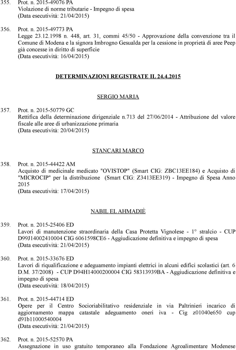 esecutività: 16/04/2015) DETERMINAZIONI REGISTRATE IL 24.4.2015 SERGIO MARIA 357. Prot. n. 2015-50779 GC Rettifica della determinazione dirigenziale n.