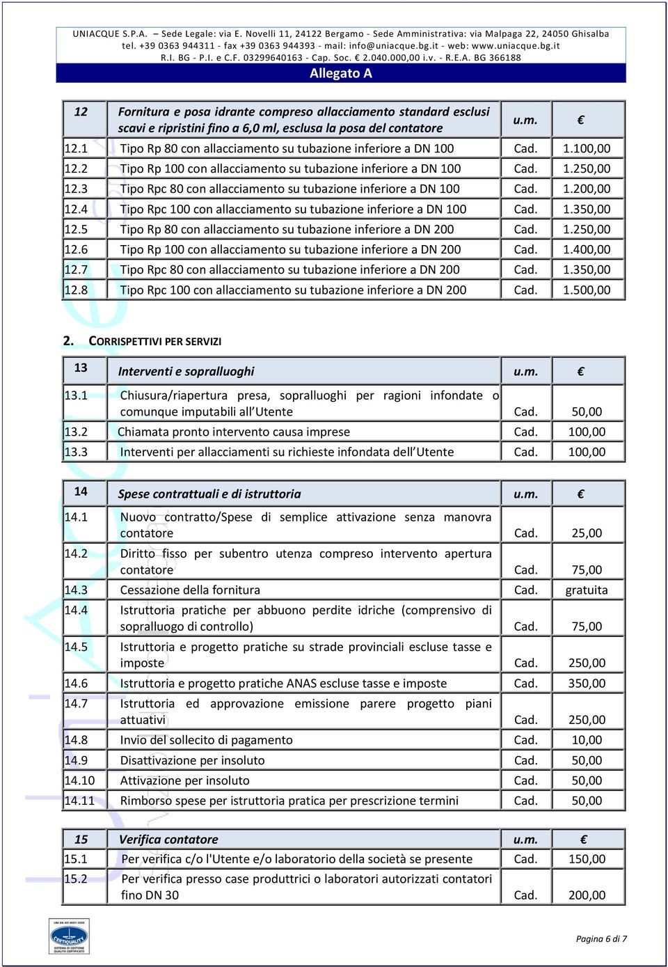 3 Tipo Rpc 80 con allacciamento su tubazione inferiore a DN 100 Cad. 1.200,00 12.4 Tipo Rpc 100 con allacciamento su tubazione inferiore a DN 100 Cad. 1.350,00 12.