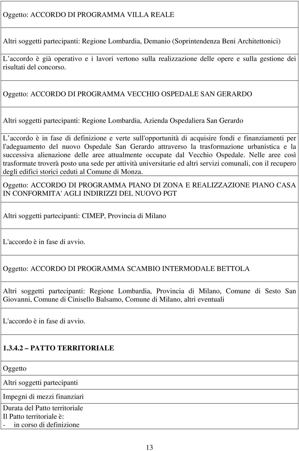 Oggetto: ACCORDO DI PROGRAMMA VECCHIO OSPEDALE SAN GERARDO Altri soggetti partecipanti: Regione Lombardia, Azienda Ospedaliera San Gerardo L accordo è in fase di definizione e verte ll'opportunità di