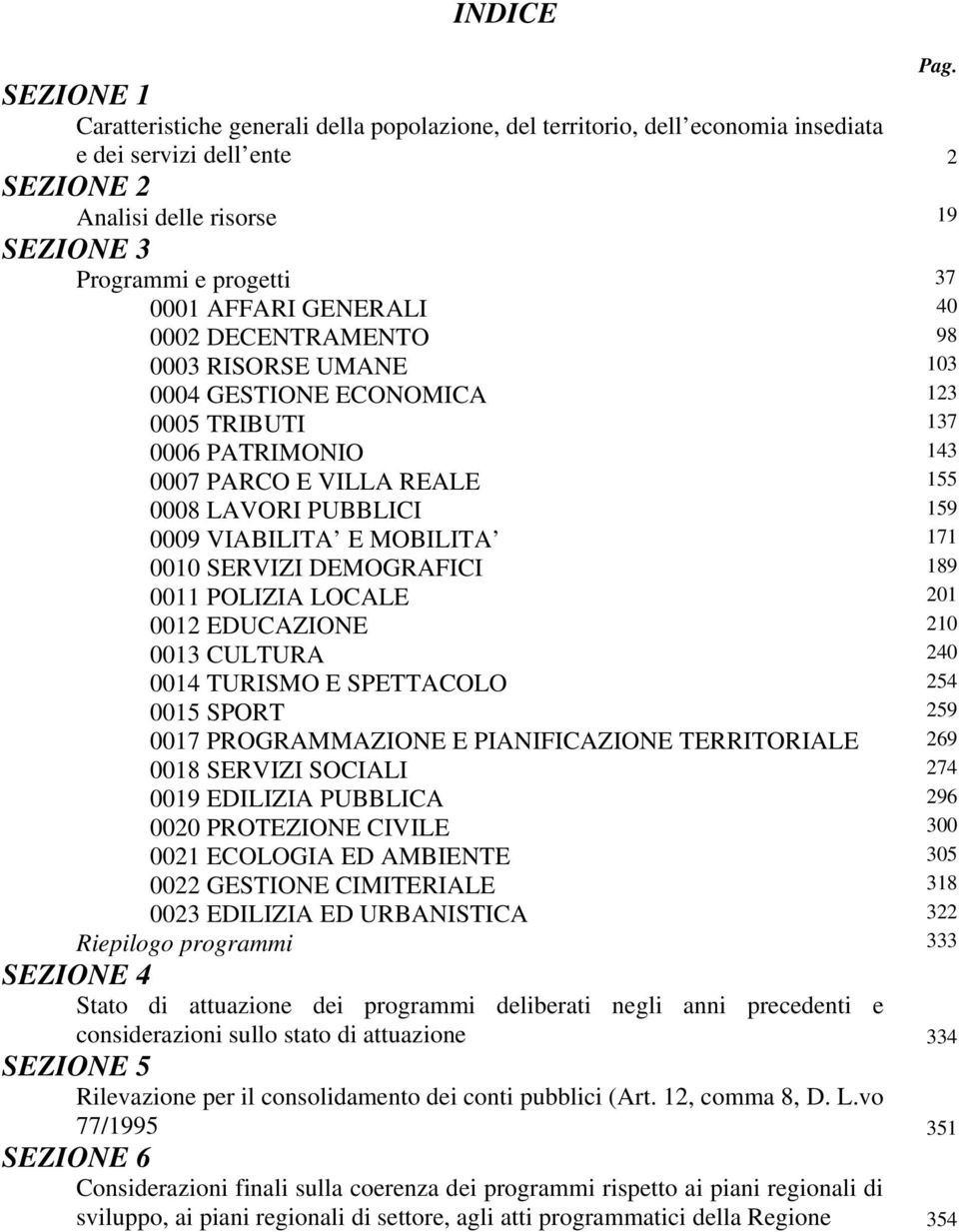 VIABILITA E MOBILITA 171 0010 SERVIZI DEMOGRAFICI 189 0011 POLIZIA LOCALE 201 0012 EDUCAZIONE 210 0013 CULTURA 240 0014 TURISMO E SPETTACOLO 254 0015 SPORT 259 0017 PROGRAMMAZIONE E PIANIFICAZIONE