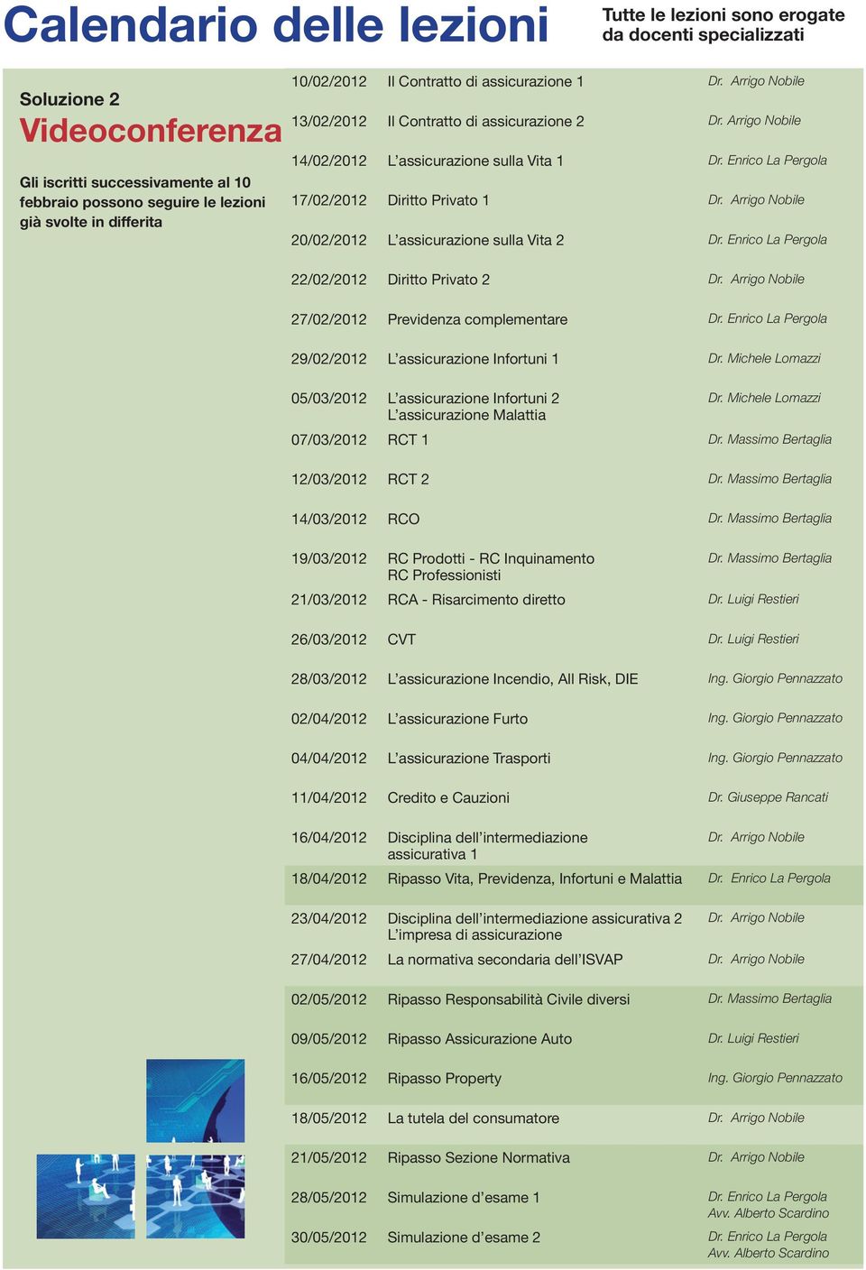 Enrico La Pergola 17/02/2012 Diritto Privato 1 Dr. Arrigo Nobile 20/02/2012 L assicurazione sulla ita 2 Dr. Enrico La Pergola 22/02/2012 Diritto Privato 2 Dr.