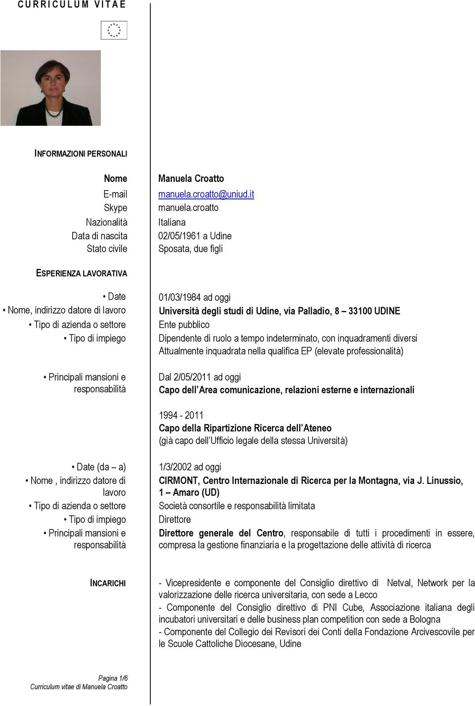 01/03/1984 ad oggi Università degli studi di Udine, via Palladio, 8 33100 UDINE Ente pubblico Dipendente di ruolo a tempo indeterminato, con inquadramenti diversi Attualmente inquadrata nella