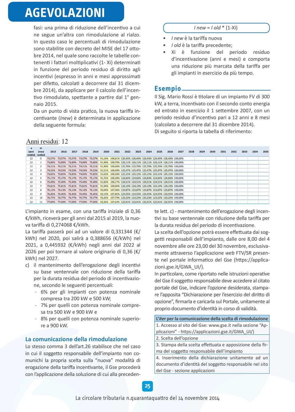 funzione del periodo residuo di diritto agli incentivi (espresso in anni e mesi approssimati per difetto, calcolati a decorrere dal 31 dicembre 2014), da applicare per il calcolo dell incentivo