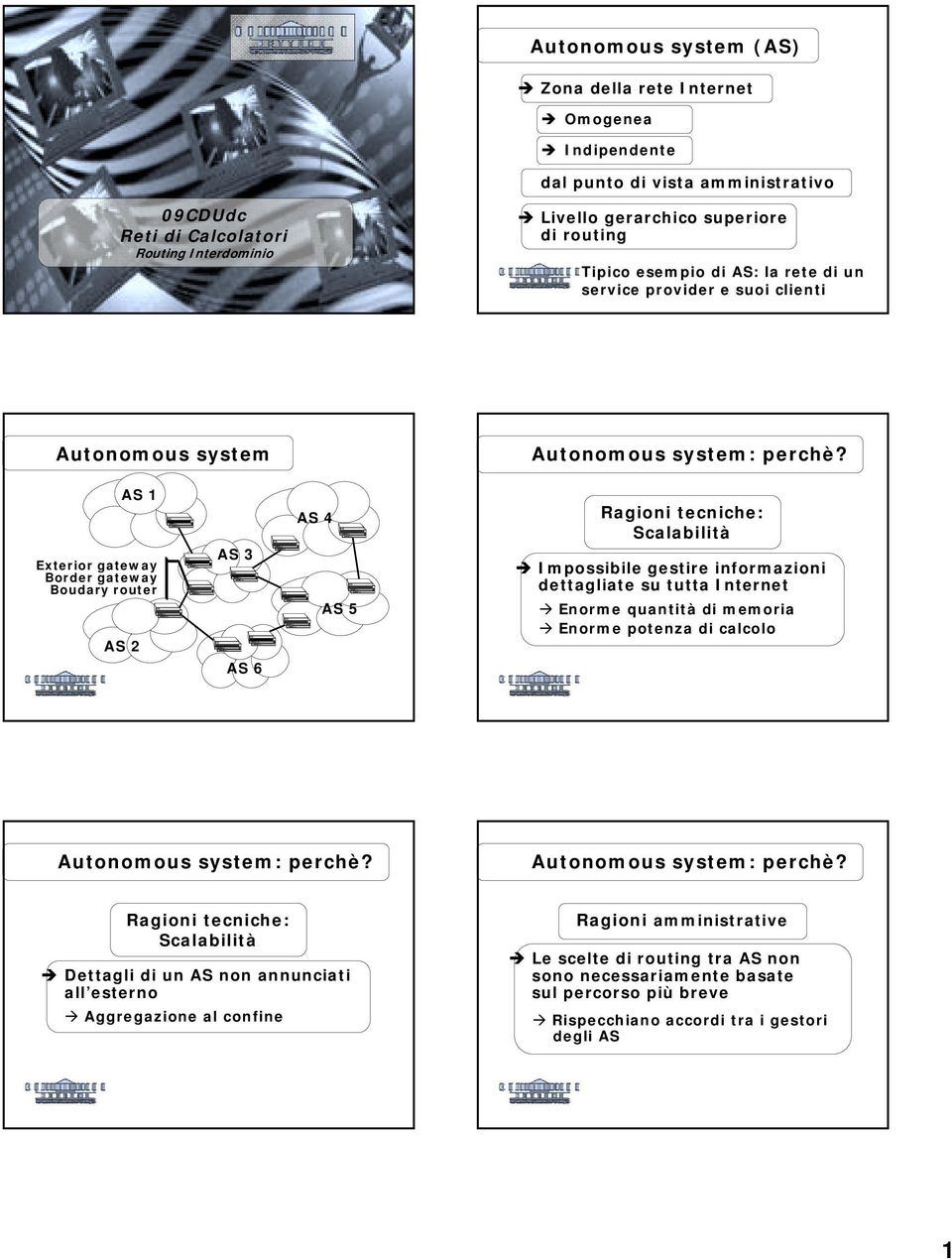 AS 5 Ragioni tecniche: Scalabilità! Impossibile gestire informazioni dettagliate su tutta " Enorme quantità di memoria " Enorme potenza di calcolo Ragioni tecniche: Scalabilità!