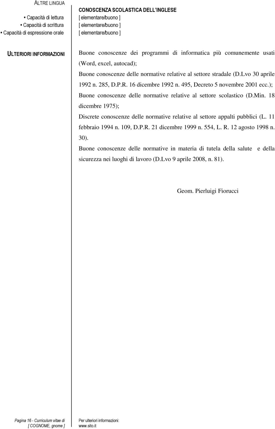 P.R. 16 dicembre 1992 n. 495, Decreto 5 novembre 2001 ecc.); Buone conoscenze delle normative relative al settore scolastico (D.Min.