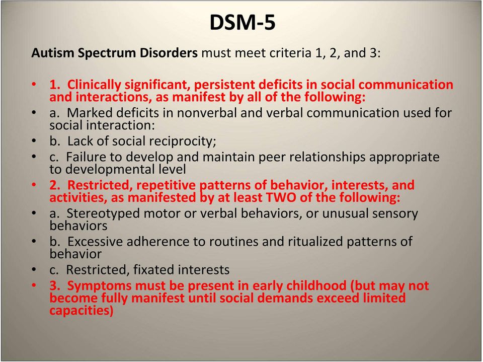 Restricted, repetitivepatternsof behavior, interests, and activities, asmanifestedbyat leasttwo of the following: a. Stereotyped motor or verbal behaviors, or unusual sensory behaviors b.