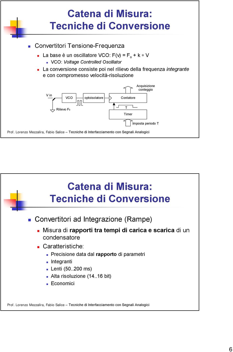 Contatore Rilievo F0 T Timer Imposta periodo T Catena di Misura: Tecniche di Conversione Convertitori ad Integrazione (Rampe) Misura di rapporti tra tempi