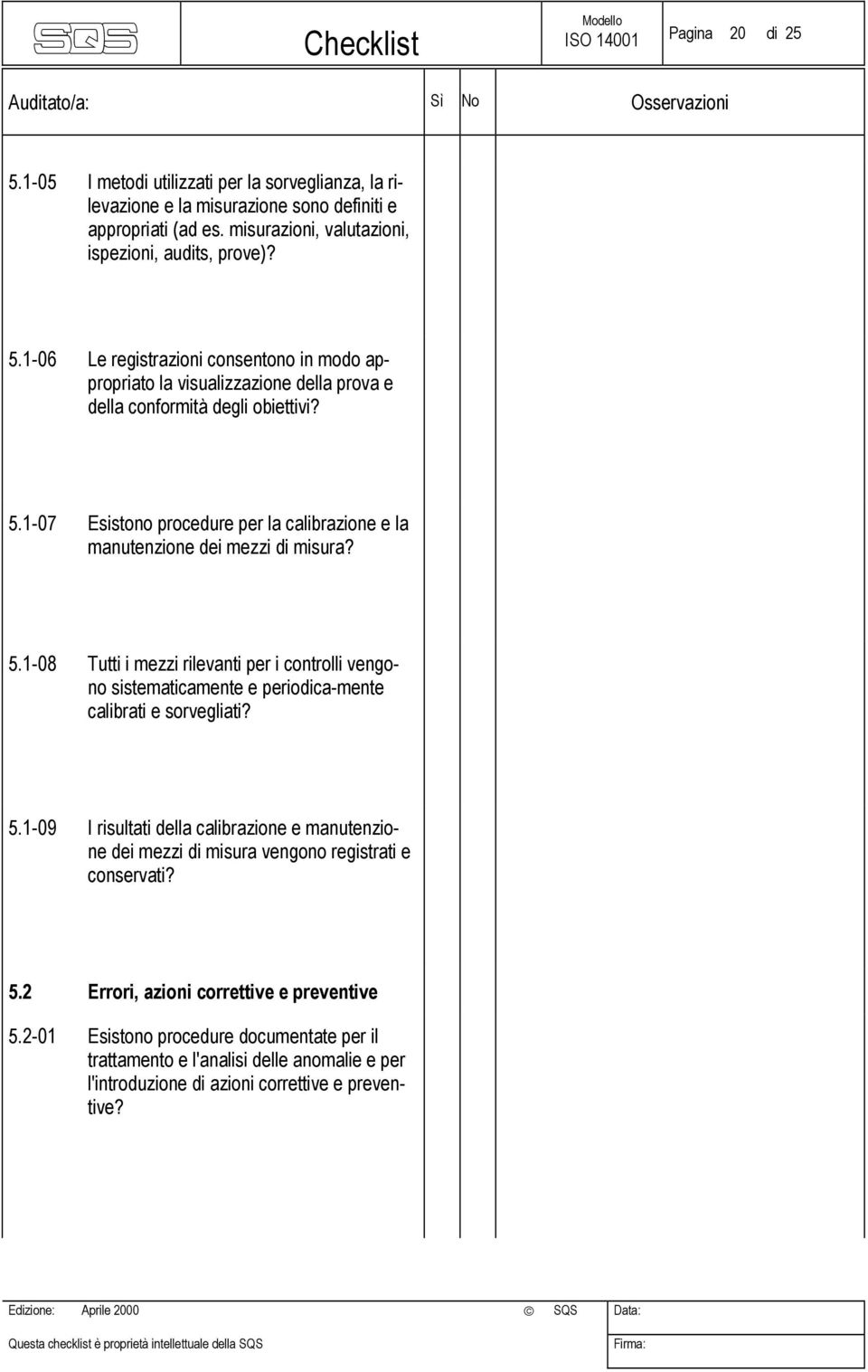 5.1-09 I risultati della calibrazione e manutenzione dei mezzi di misura vengono registrati e conservati? 5.2 Errori, azioni correttive e preventive 5.