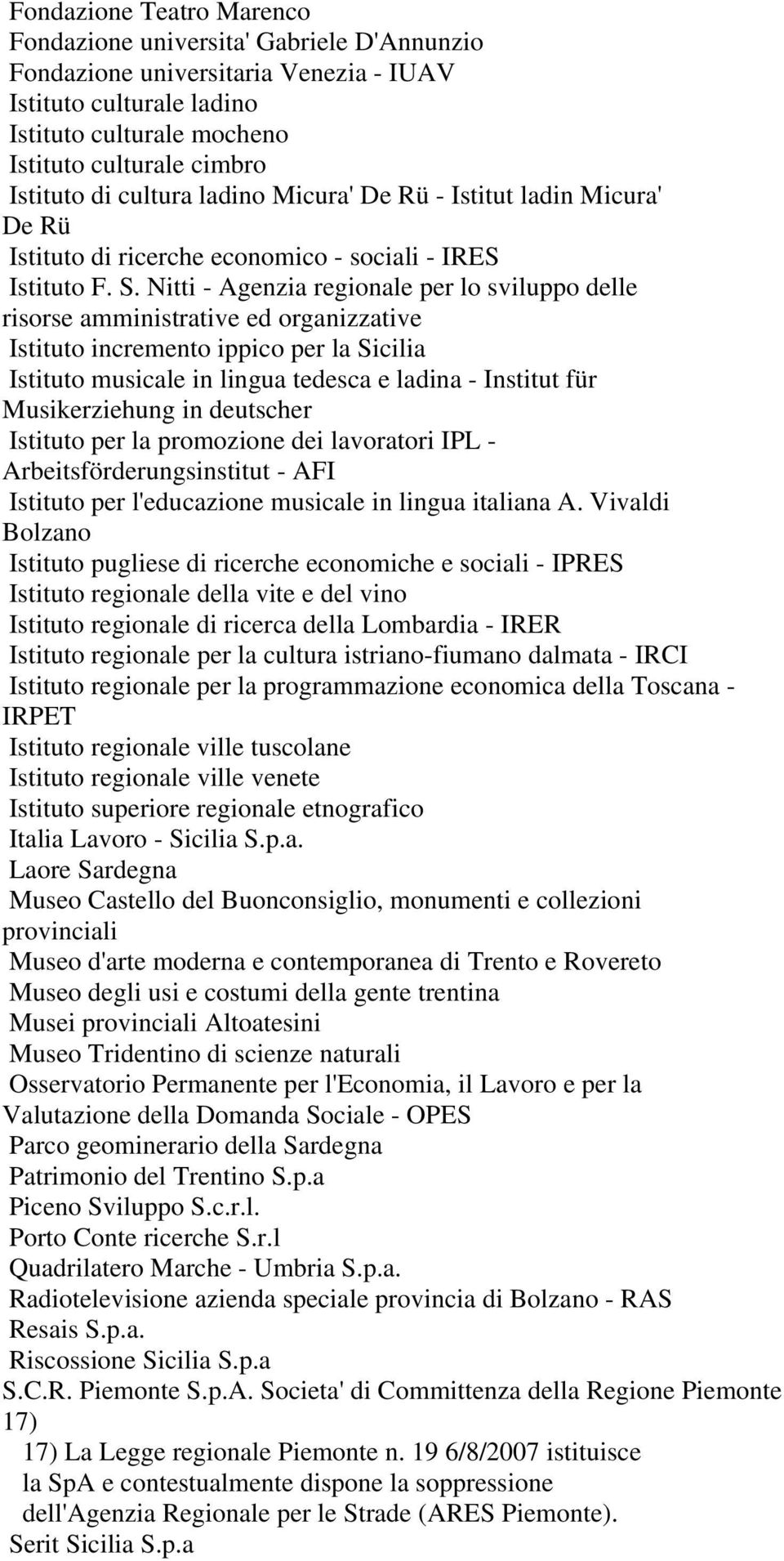 Nitti - Agenzia regionale per lo sviluppo delle risorse amministrative ed organizzative Istituto incremento ippico per la Sicilia Istituto musicale in lingua tedesca e ladina - Institut für