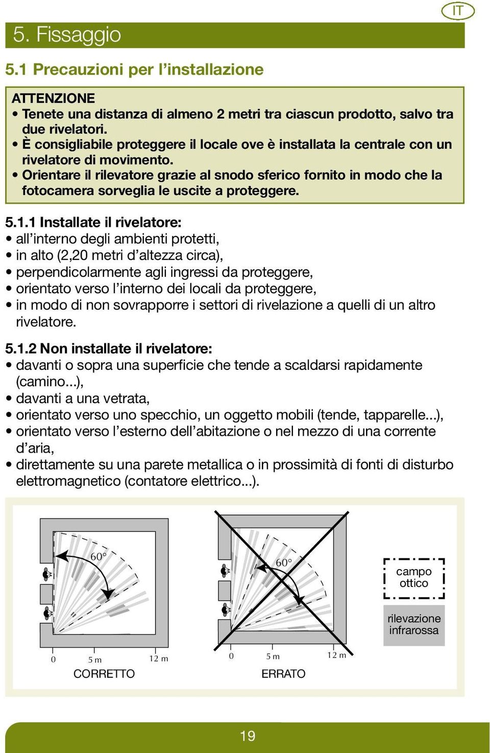 Orientare il rilevatore grazie al snodo sferico fornito in modo che la fotocamera sorveglia le uscite a proteggere. 5.1.