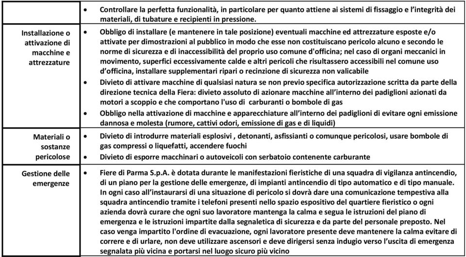 Obbligo di installare (e mantenere in tale posizione) eventuali macchine ed attrezzature esposte e/o attivate per dimostrazioni al pubblico in modo che esse non costituiscano pericolo alcuno e