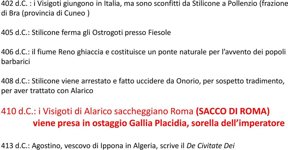 c.: i Visigoti di Alarico saccheggiano Roma (SACCO DI ROMA) viene presa in ostaggio Gallia Placidia, sorella dell imperatore 413 d.c.: Agostino, vescovo di Ippona in Algeria, scrive il De Civitate Dei