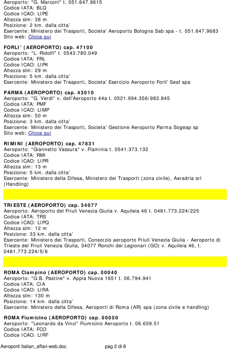 dalla citta Esercente: Ministero dei Trasporti, Societa Esercizio Aeroporto Forli Seaf spa PARMA (AEROPORTO) cap. 43010 Aeroporto: "G. Verdi" v. dell Aeroporto 44a t. 0521.994.356/983.