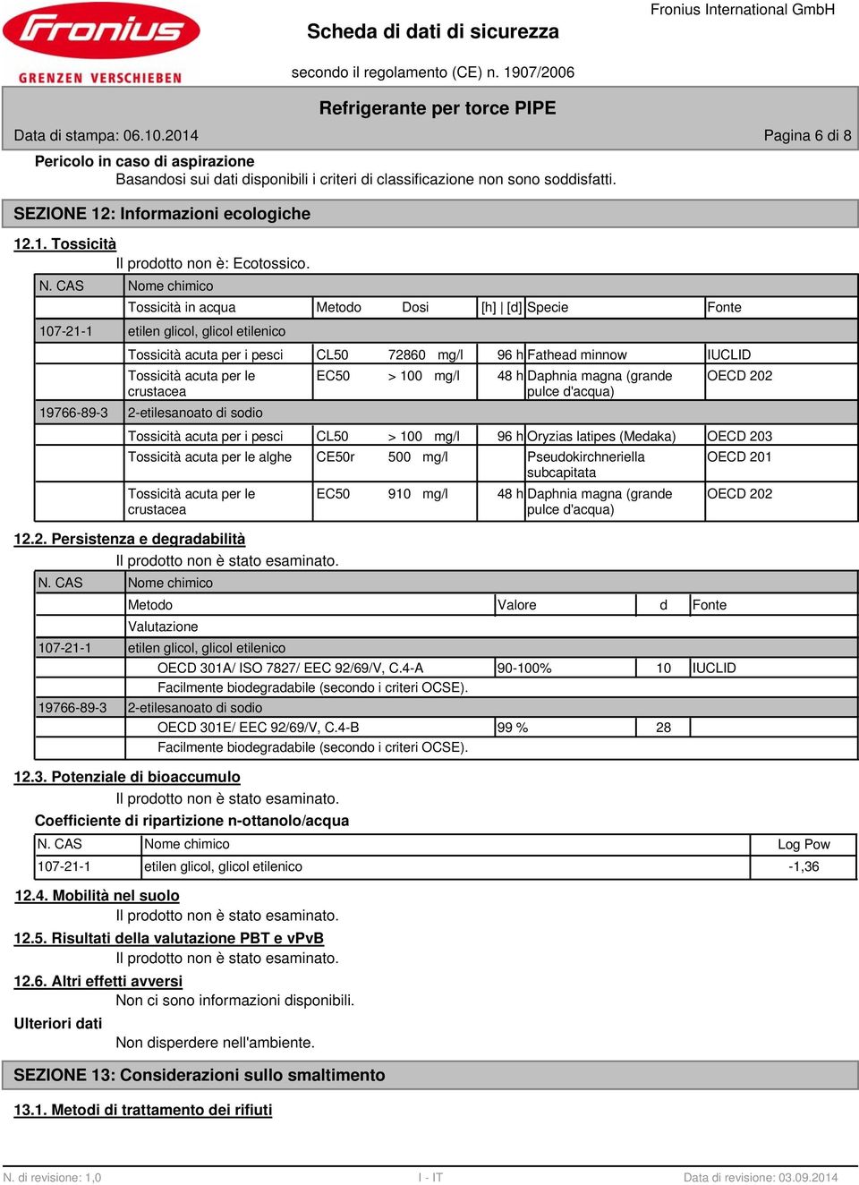 Tossicità acuta per le crustacea 2-etilesanoato di sodio EC50 > 100 mg/l 48 h Daphnia magna (grande OECD 202 pulce d'acqua) Tossicità acuta per i pesci CL50 > 100 mg/l 96 h Oryzias latipes (Medaka)