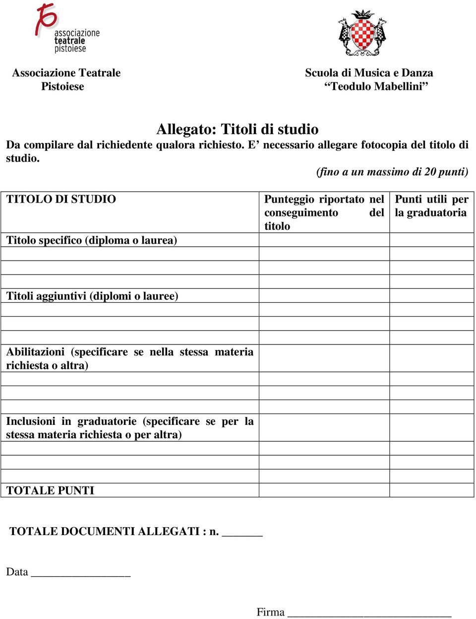 (fino a un massimo di 20 punti) TITOLO DI STUDIO Titolo specifico (diploma o laurea) Punteggio riportato nel conseguimento del titolo Punti utili per la