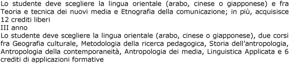 orientale (arabo, cinese o giapponese), due corsi fra Geografia culturale, Metodologia della ricerca pedagogica, Storia