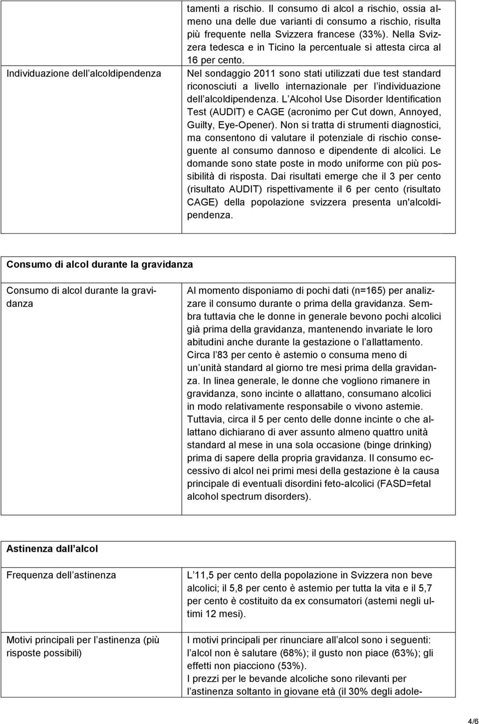 Nel sondaggio 2011 sono stati utilizzati due test standard riconosciuti a livello internazionale per l individuazione dell alcoldipendenza.