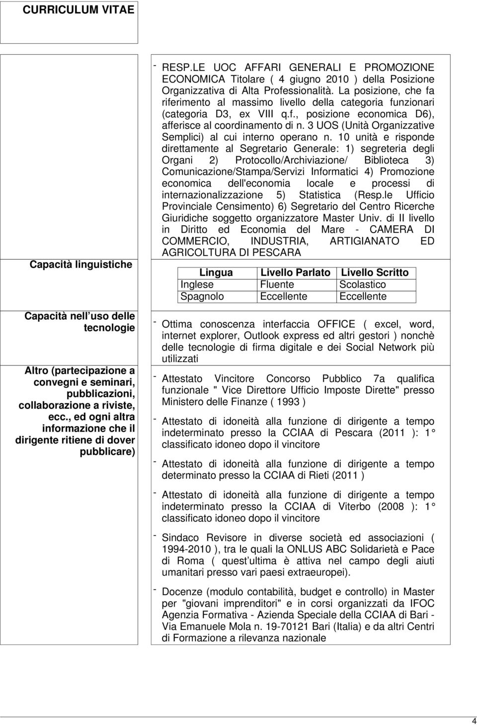 LE UOC AFFARI GENERALI E PROMOZIONE ECONOMICA Titolare ( 4 giugno 2010 ) della Posizione Organizzativa di Alta Professionalità.