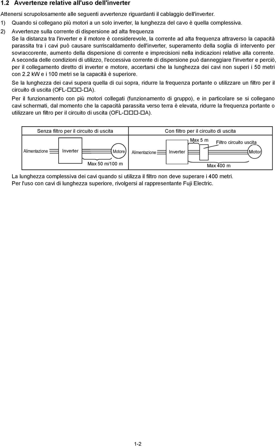 2) Avvertenze sulla corrente di dispersione ad alta frequenza Se la distanza tra l'inverter e il motore è considerevole, la corrente ad alta frequenza attraverso la capacità parassita tra i cavi può