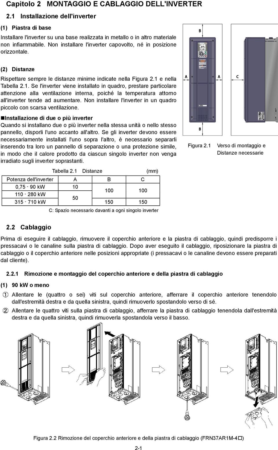 e nella Tabella 2.1. Se l'inverter viene installato in quadro, prestare particolare attenzione alla ventilazione interna, poiché la temperatura attorno all'inverter tende ad aumentare.