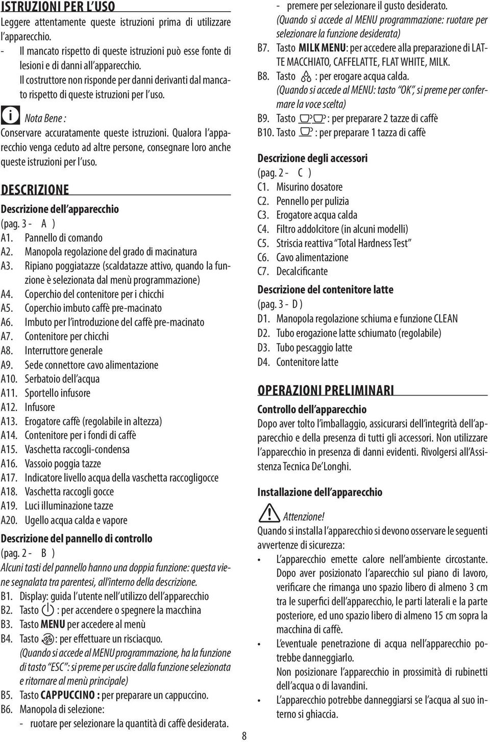 Qualora l apparecchio venga ceduto ad altre persone, consegnare loro anche queste istruzioni per l uso. DESCRIZIONE Descrizione dell apparecchio (pag. 3 - A ) A1. Pannello di comando A2.