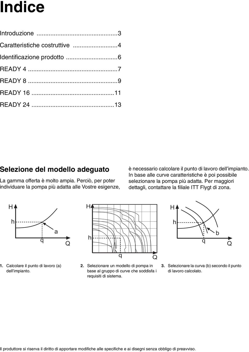 In base alle curve caratteristiche è poi possibile selezionare la pompa più adatta. Per maggiori dettagli, contattare la filiale ITT Flygt di zona. H H H h q a Q h h q b Q 1.