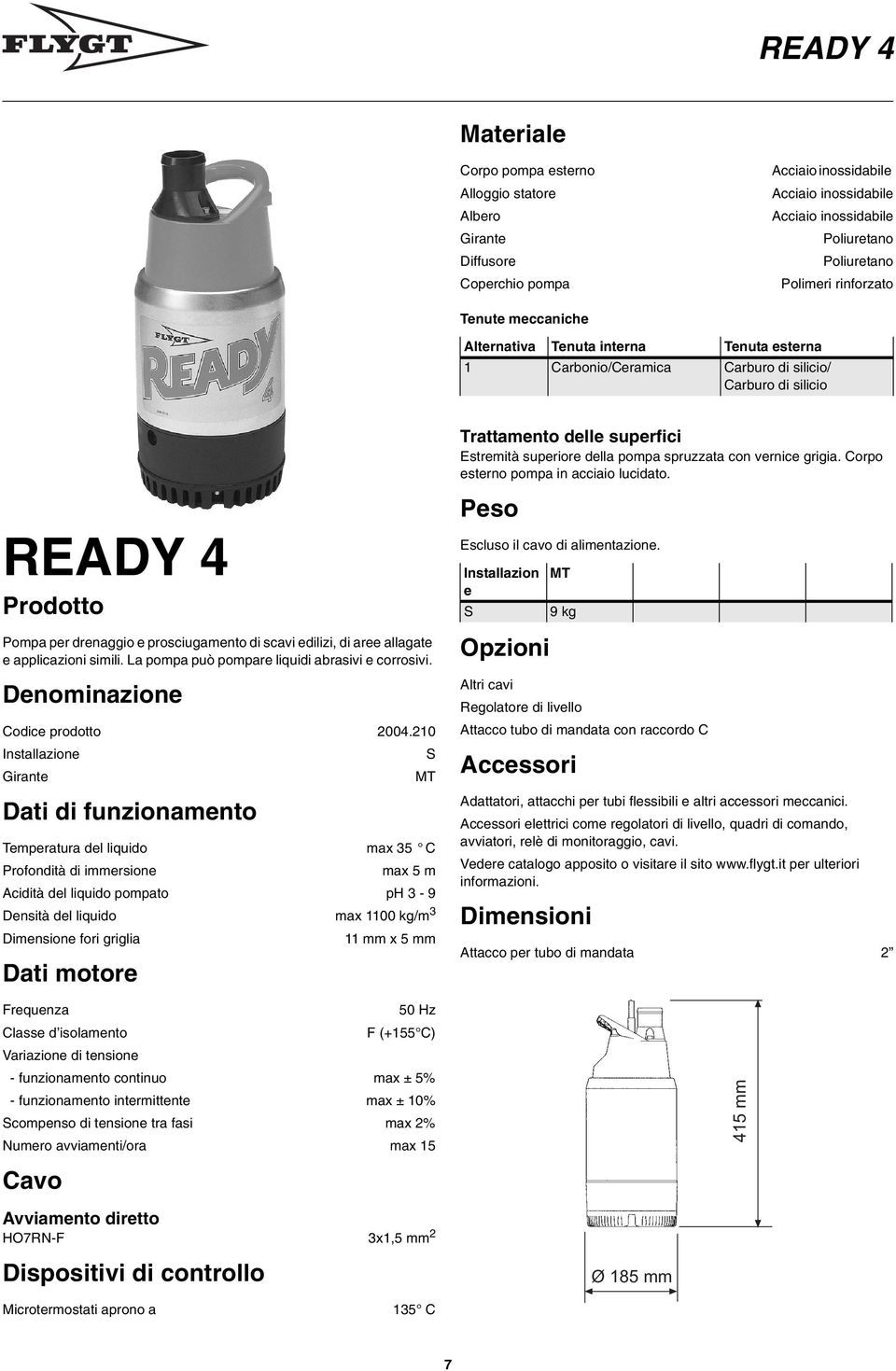 READY 4 Prodotto Pompa per drenaggio e prosciugamento di scavi edilizi, di aree allagate e applicazioni simili. La pompa può pompare liquidi abrasivi e corrosivi. Denominazione Codice prodotto 004.