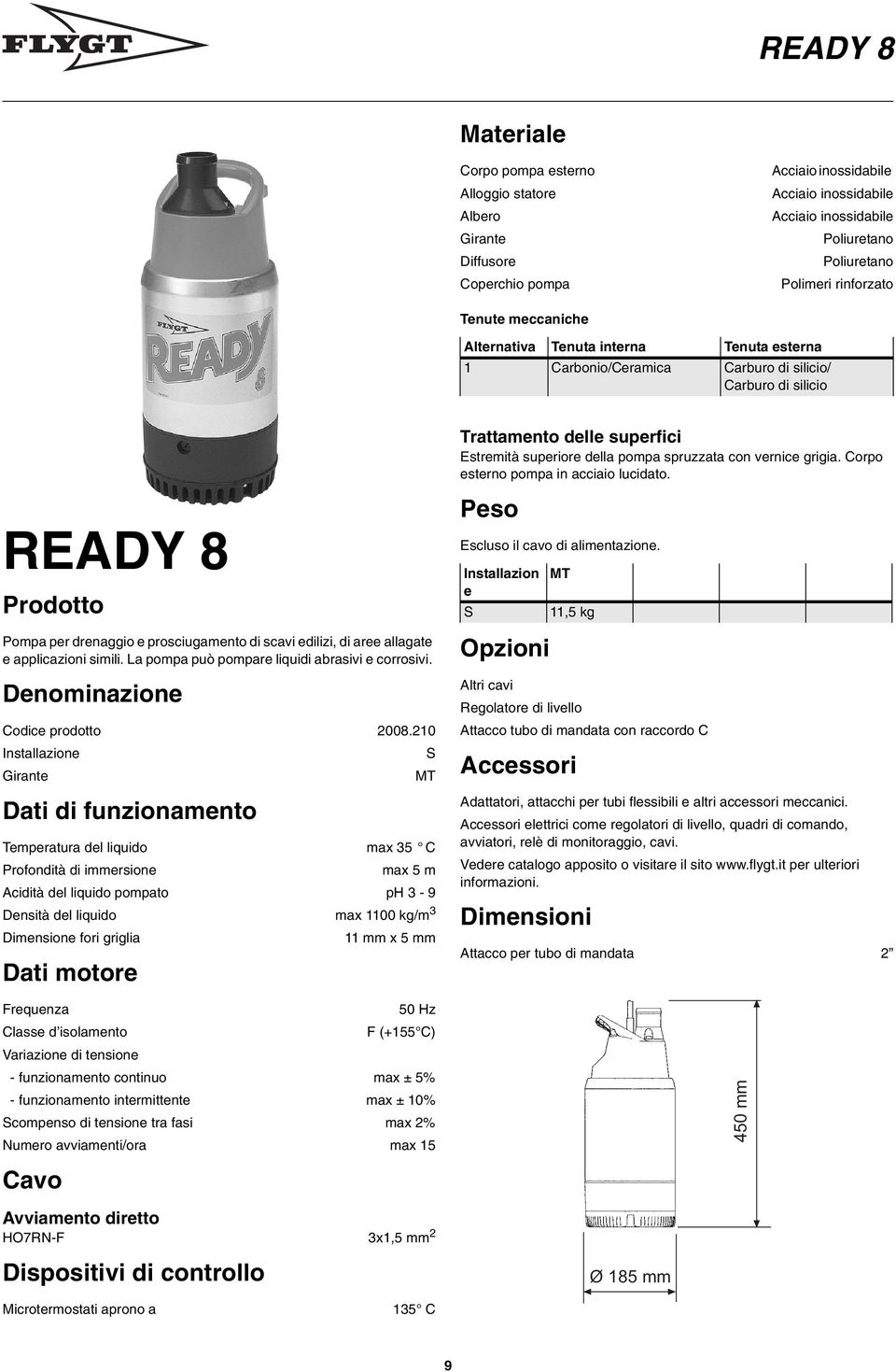 READY 8 Prodotto Pompa per drenaggio e prosciugamento di scavi edilizi, di aree allagate e applicazioni simili. La pompa può pompare liquidi abrasivi e corrosivi. Denominazione Codice prodotto 008.