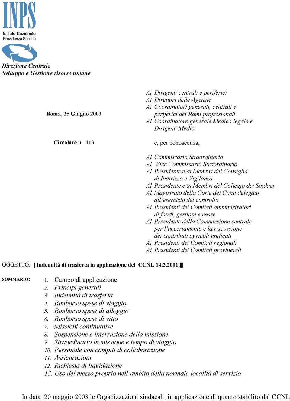 per conoscenza, OGGETTO: Indennità di trasferta in applicazione del CCNL 14.2.2001.