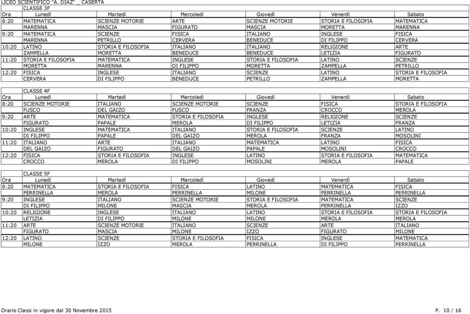MATEMATICA INGLESE STORIA E FILOSOFIA LATINO SCIENZE MORETTA MARENNA DI FILIPPO MORETTA ZAMPELLA PETRILLO 12:20 FISICA INGLESE ITALIANO SCIENZE LATINO STORIA E FILOSOFIA CERVERA DI FILIPPO BENEDUCE