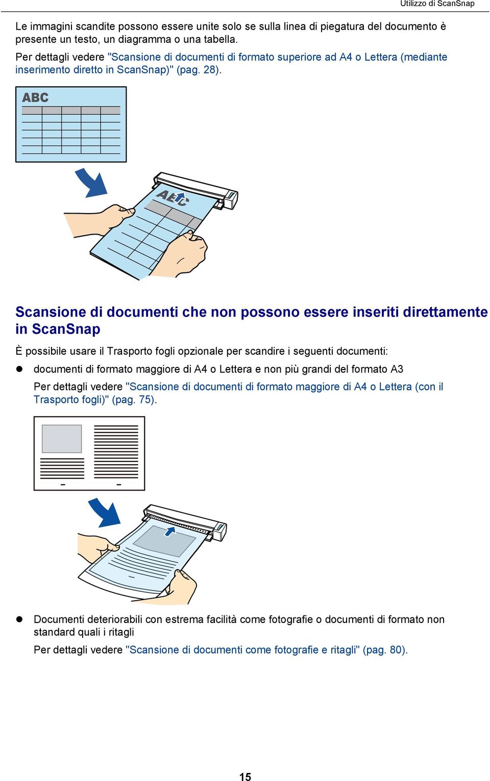 Scansione di documenti che non possono essere inseriti direttamente in ScanSnap È possibile usare il Trasporto fogli opzionale per scandire i seguenti documenti: documenti di formato maggiore di A4 o