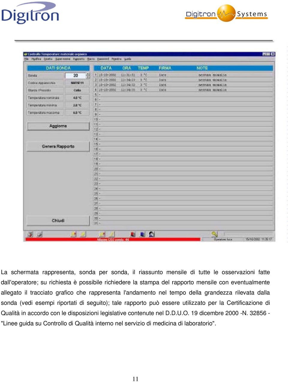 sonda (vedi esempi riportati di seguito); tale rapporto può essere utilizzato per la Certificazione di Qualità in accordo con le disposizioni