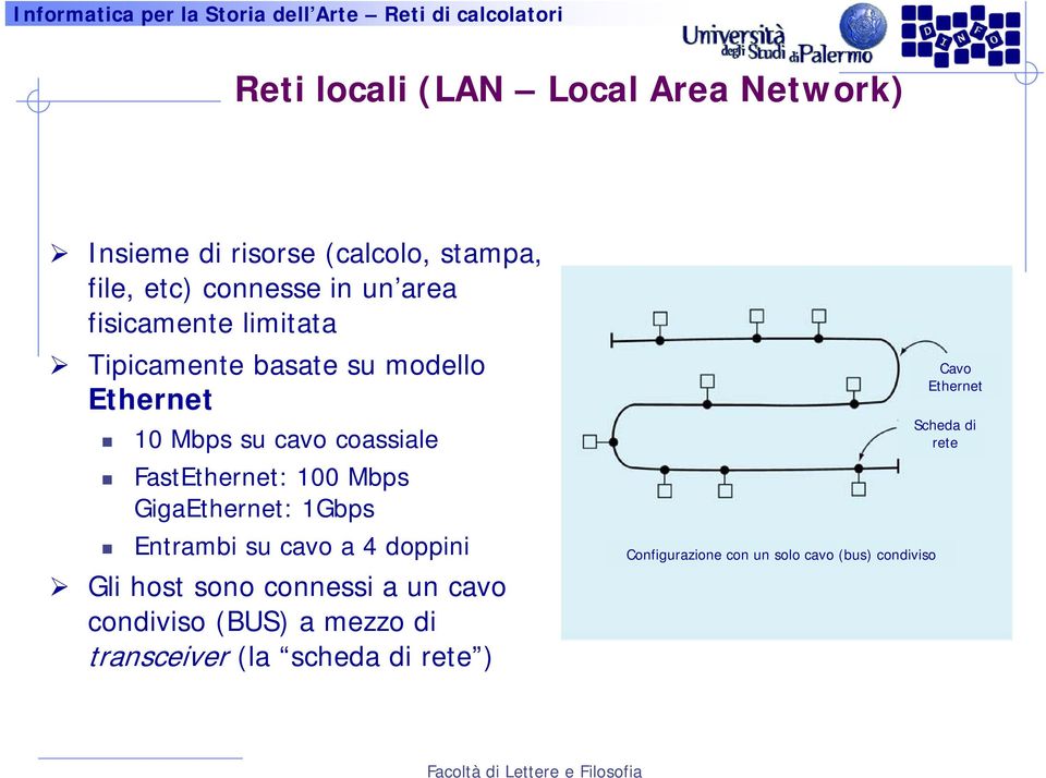 Mbps GigaEthernet: 1Gbps Entrambi su cavo a 4 doppini Gli host sono connessi a un cavo condiviso (BUS) a