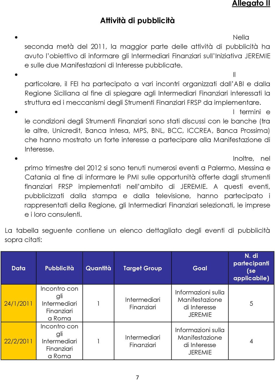 Il particolare, il FEI ha partecipato a vari incontri organizzati dall ABI e dalla Regione Siciliana al fine di spiegare agli interessati la struttura ed i meccanismi degli Strumenti FRSP da