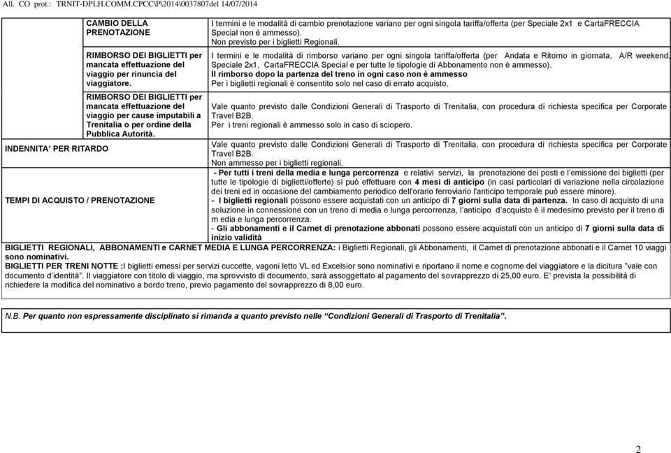 I termini e le modalità di cambio prenotazione variano per ogni singola tariffa/offerta (per Speciale 2x1 e CartaFRECCIA Special non è ammesso). Non previsto per i biglietti Regionali.