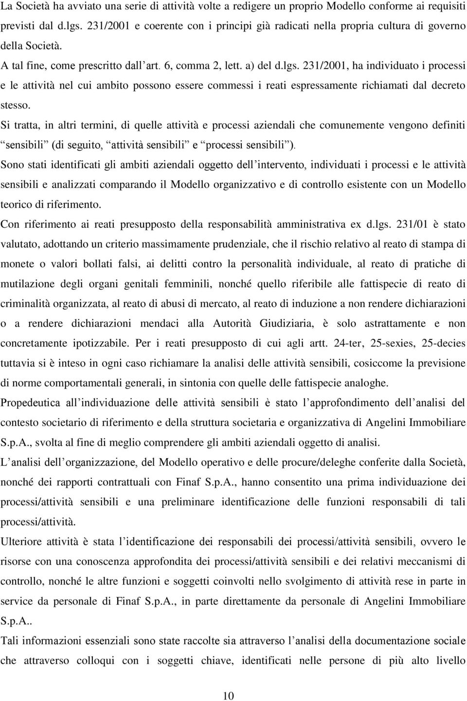 231/2001, ha individuato i processi e le attività nel cui ambito possono essere commessi i reati espressamente richiamati dal decreto stesso.