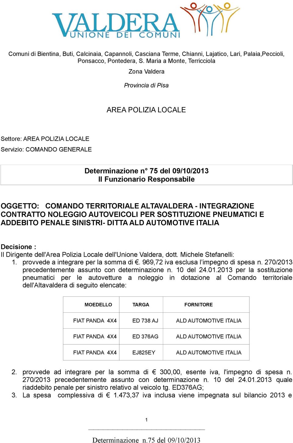 OGGETTO: COMANDO TERRITORIALE ALTAVALDERA - INTEGRAZIONE CONTRATTO NOLEGGIO AUTOVEICOLI PER SOSTITUZIONE PNEUMATICI E ADDEBITO PENALE SINISTRI- DITTA ALD AUTOMOTIVE ITALIA Decisione : Il Dirigente