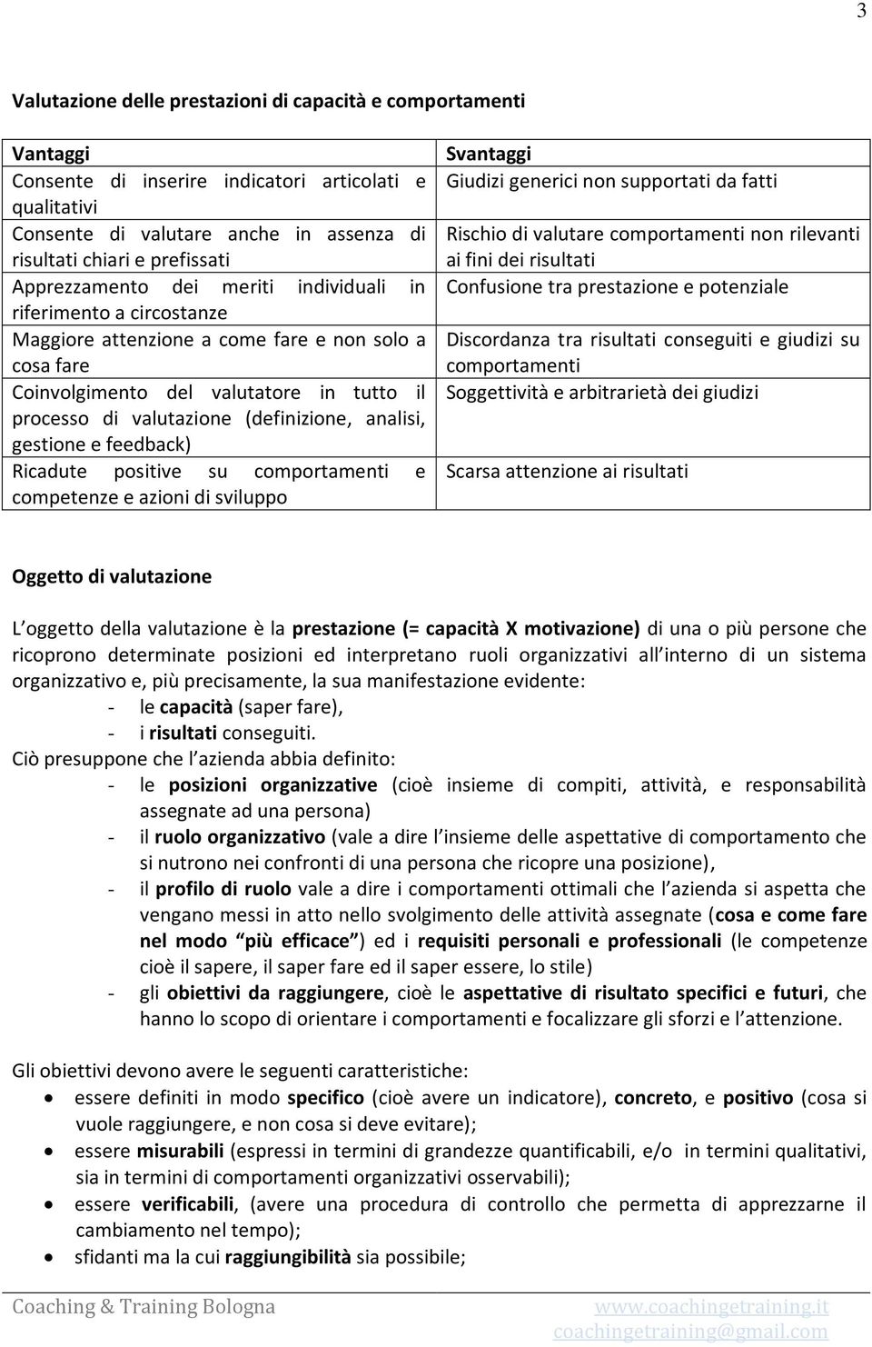 (definizione, analisi, gestione e feedback) Ricadute positive su comportamenti e competenze e azioni di sviluppo Svantaggi Giudizi generici non supportati da fatti Rischio di valutare comportamenti