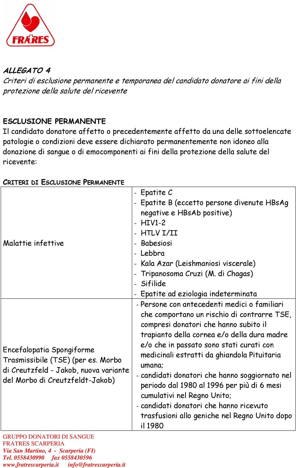 salute del ricevente: CRITERI DI ESCLUSIONE PERMANENTE Malattie infettive Encefalopatia Spongiforme Trasmissibile (TSE) (per es.